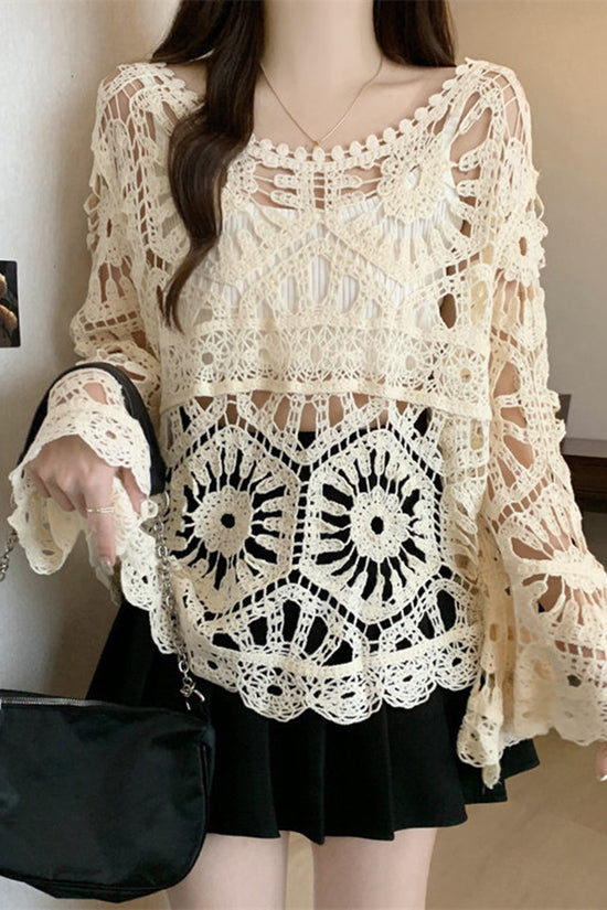 Crochet Hollow Bell Sleeve Knit Cover Up