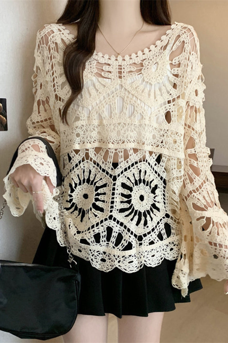 Crochet Hollow Bell Sleeve Knit Cover Up