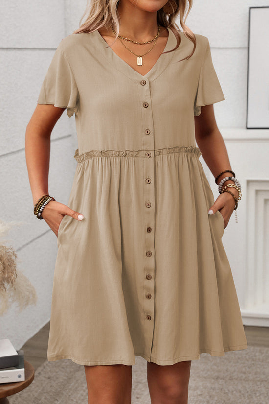 Button-Up V-Neck Casual Dress