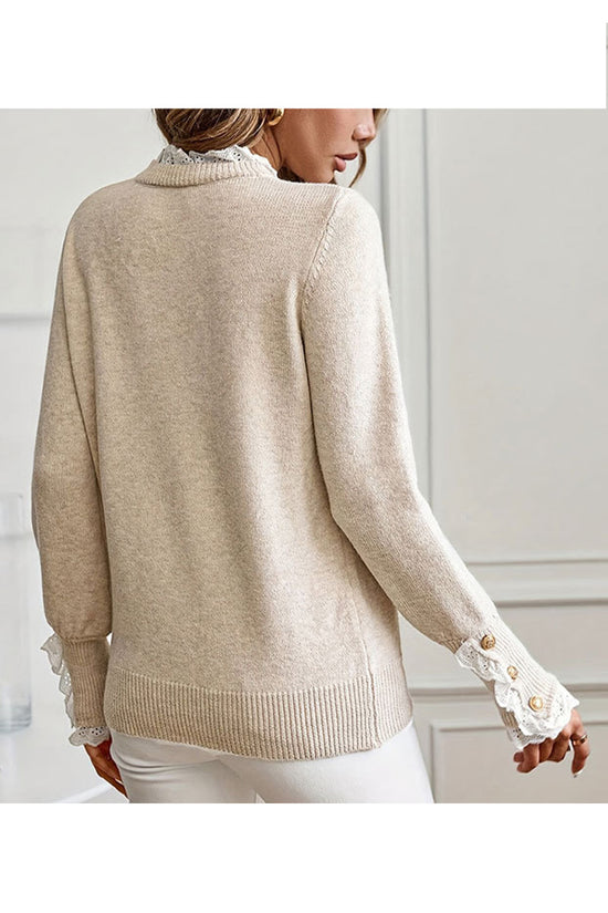 Elegant Lace Trim Sweater with Button Cuffs