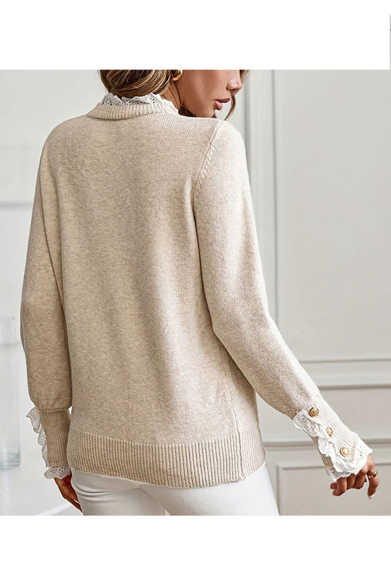 Elegant Lace Trim Sweater with Button Cuffs