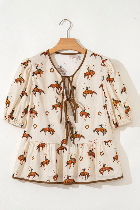 Cowboy Print Puff Sleeve Bowknot Blouse