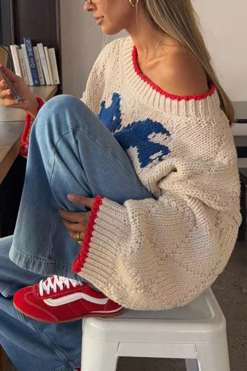 Oversized Knit Sweater with Red Trim
