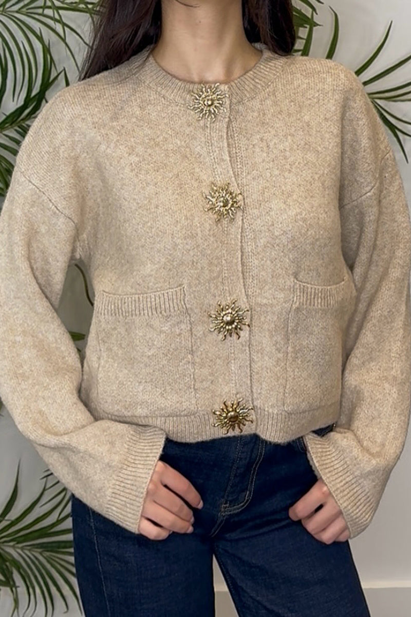 Elegant Button-Embellished Cropped Cardigan