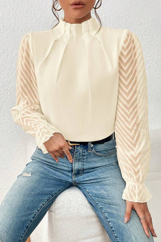 Elegant Pleated High Neck Sheer Sleeve Top