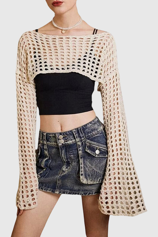 Open Knit Long Sleeve Cropped Cover-Up