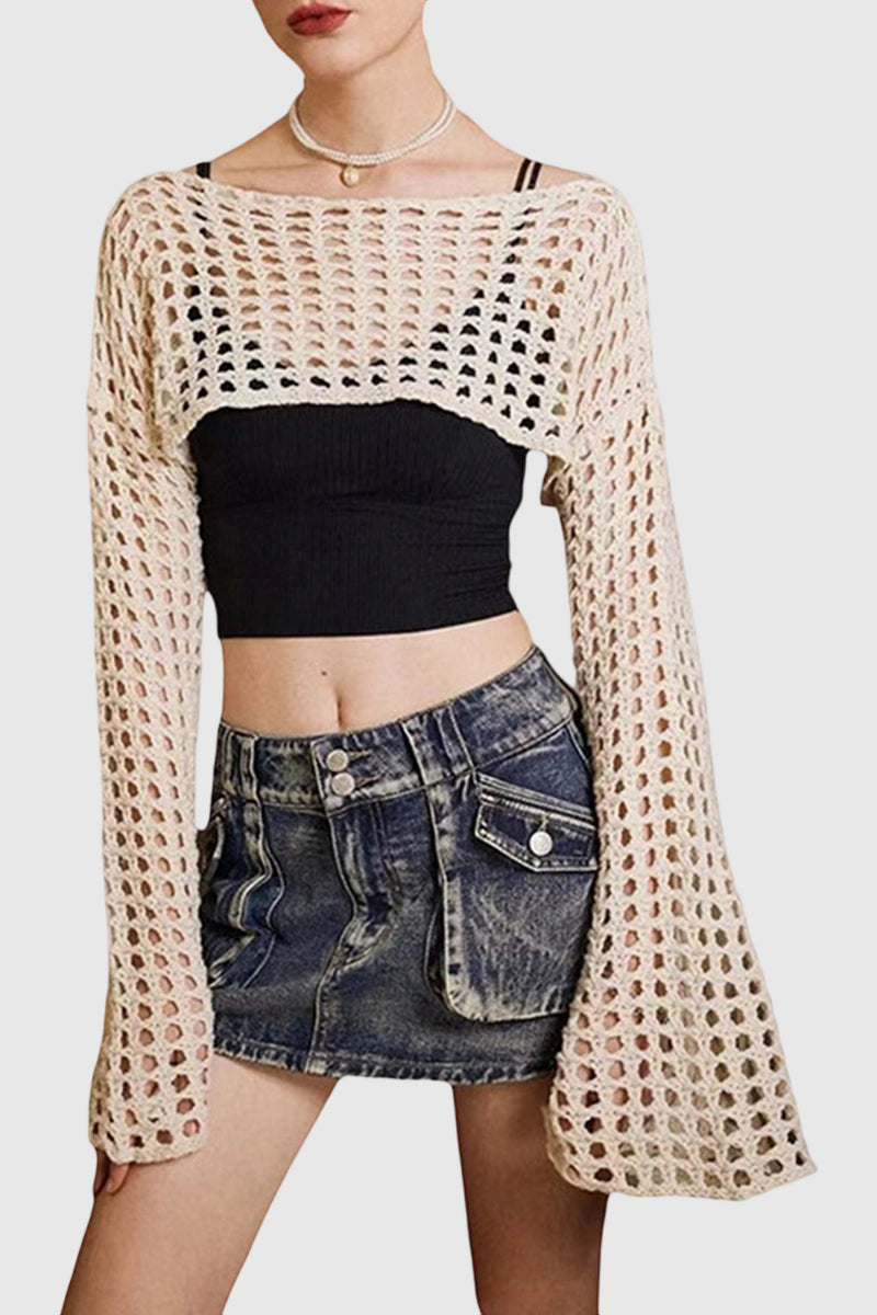 Open Knit Long Sleeve Cropped Cover-Up