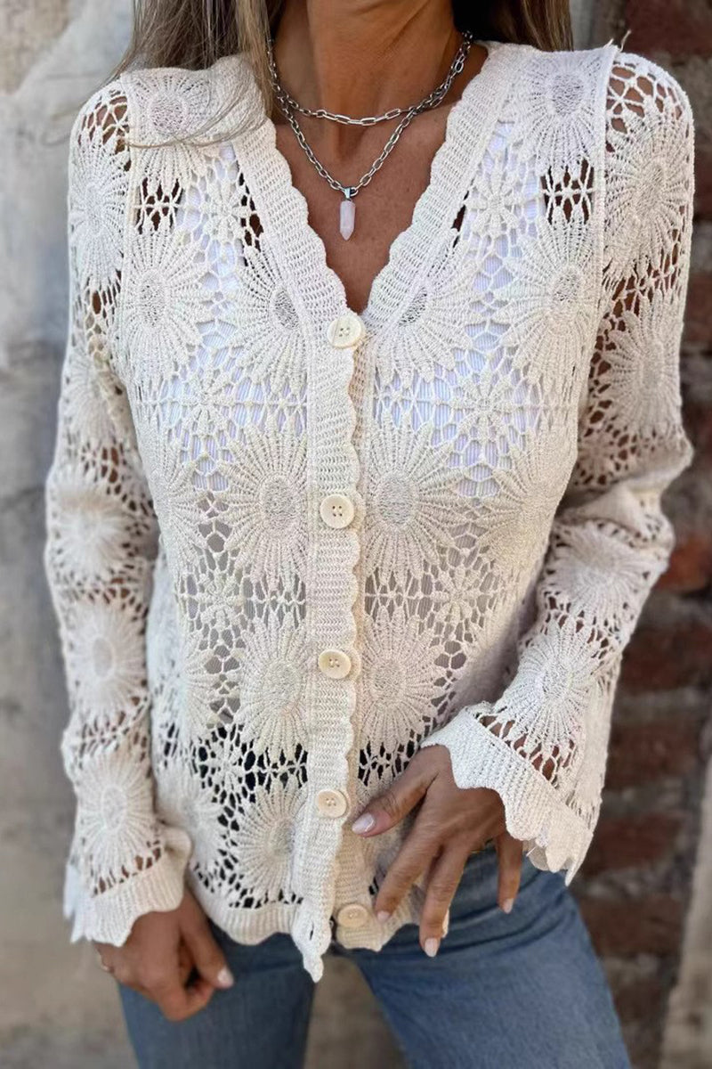 Crochet Button-Up Blouse with Flared Sleeves