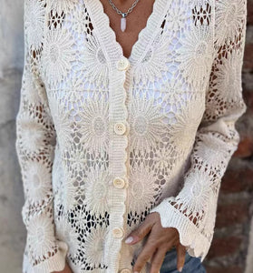 Crochet Button-Up Blouse with Flared Sleeves