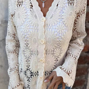 Crochet Button-Up Blouse with Flared Sleeves
