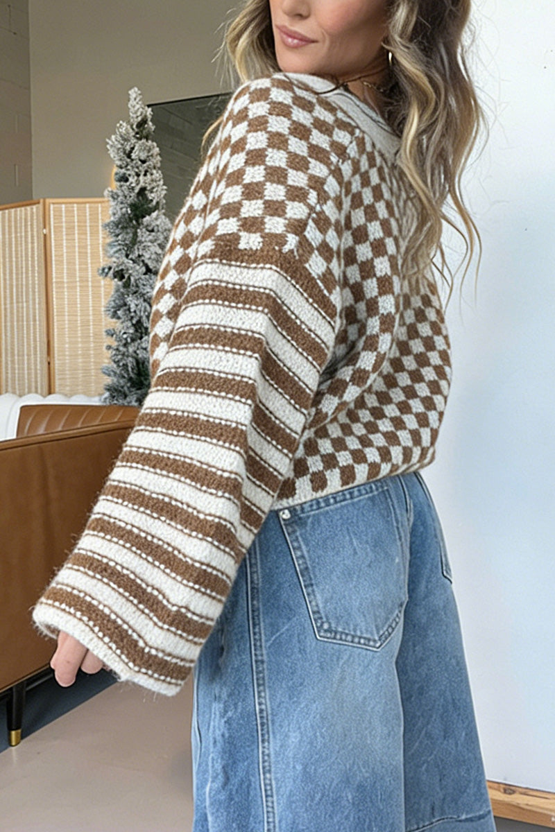 Checkerboard Pattern Knit Cardigan