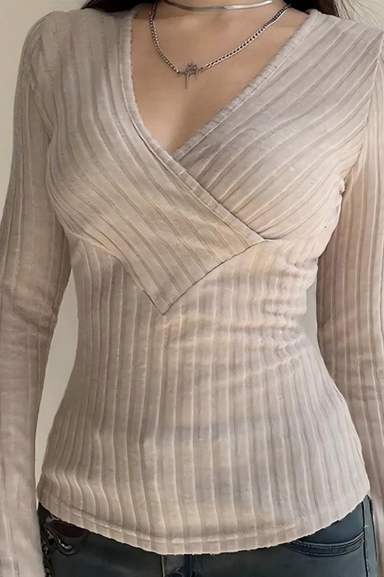 Ribbed V-Neck Long Sleeve Top
