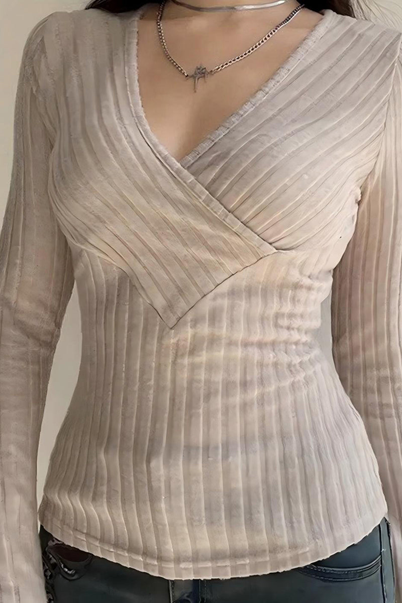 Ribbed V-Neck Long Sleeve Top