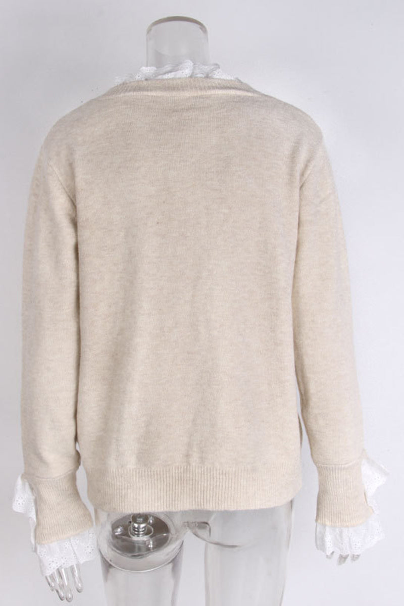 Elegant Lace Trim Sweater with Button Cuffs