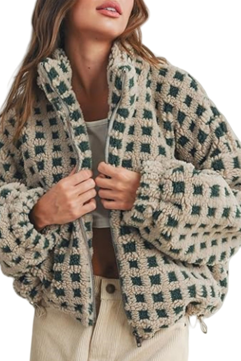 Checkered Zip-Up Casual Coat