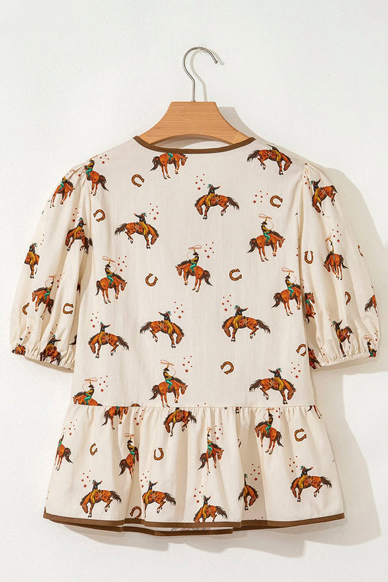 Cowboy Print Puff Sleeve Bowknot Blouse