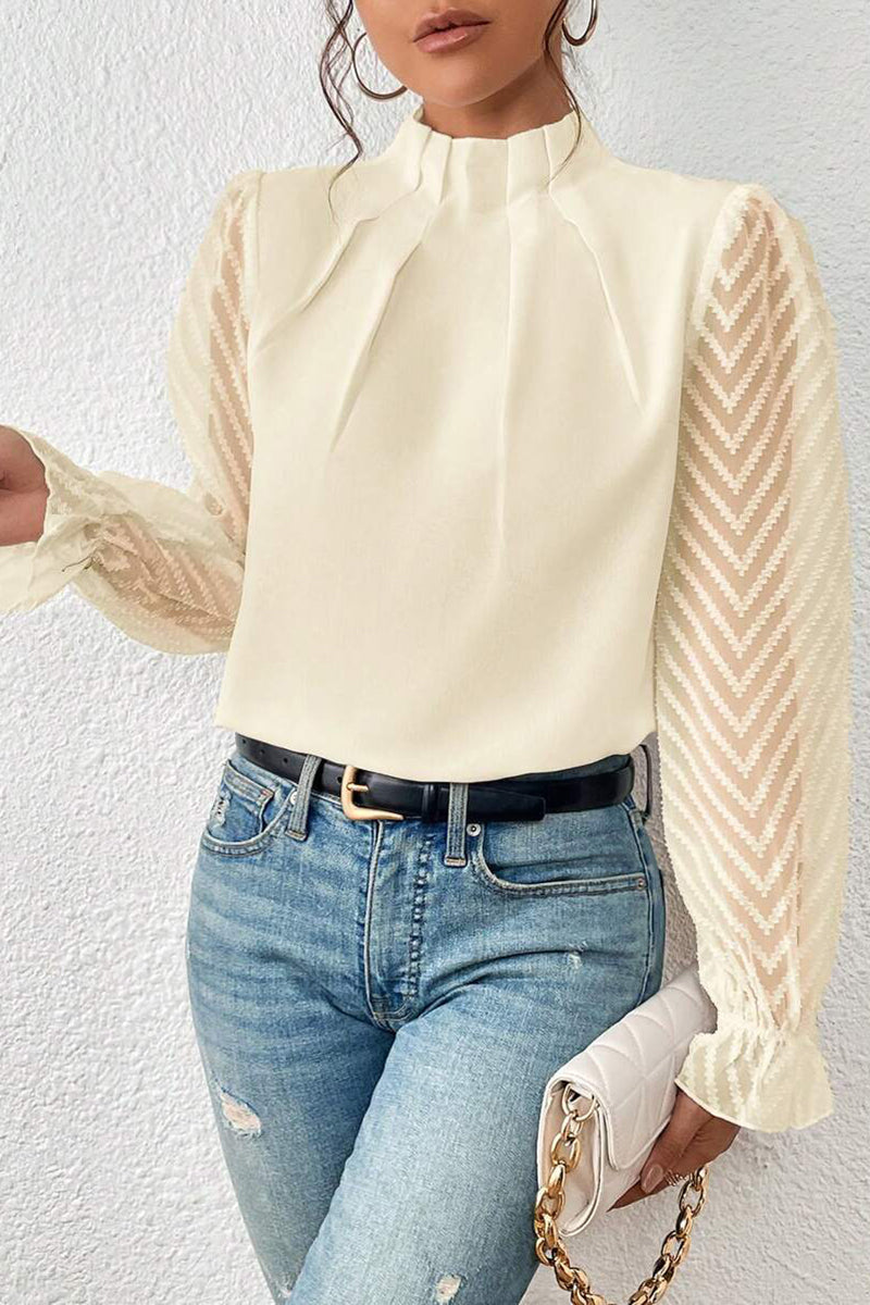 Elegant Pleated High Neck Sheer Sleeve Top