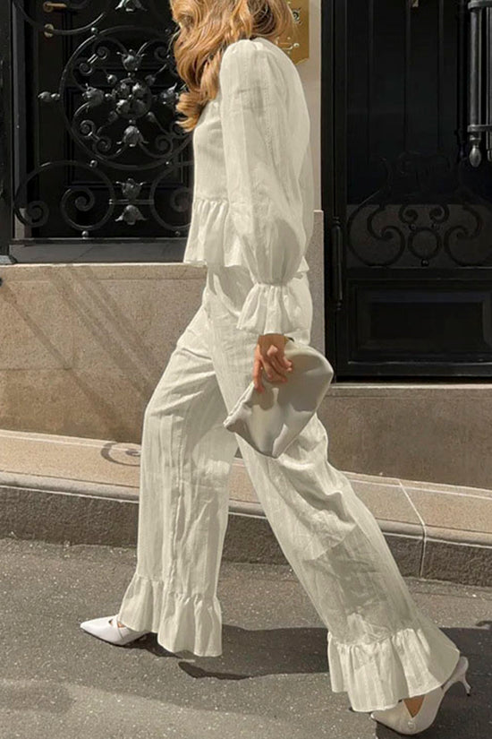 Elegant Ruffle Trim Button Pants Set