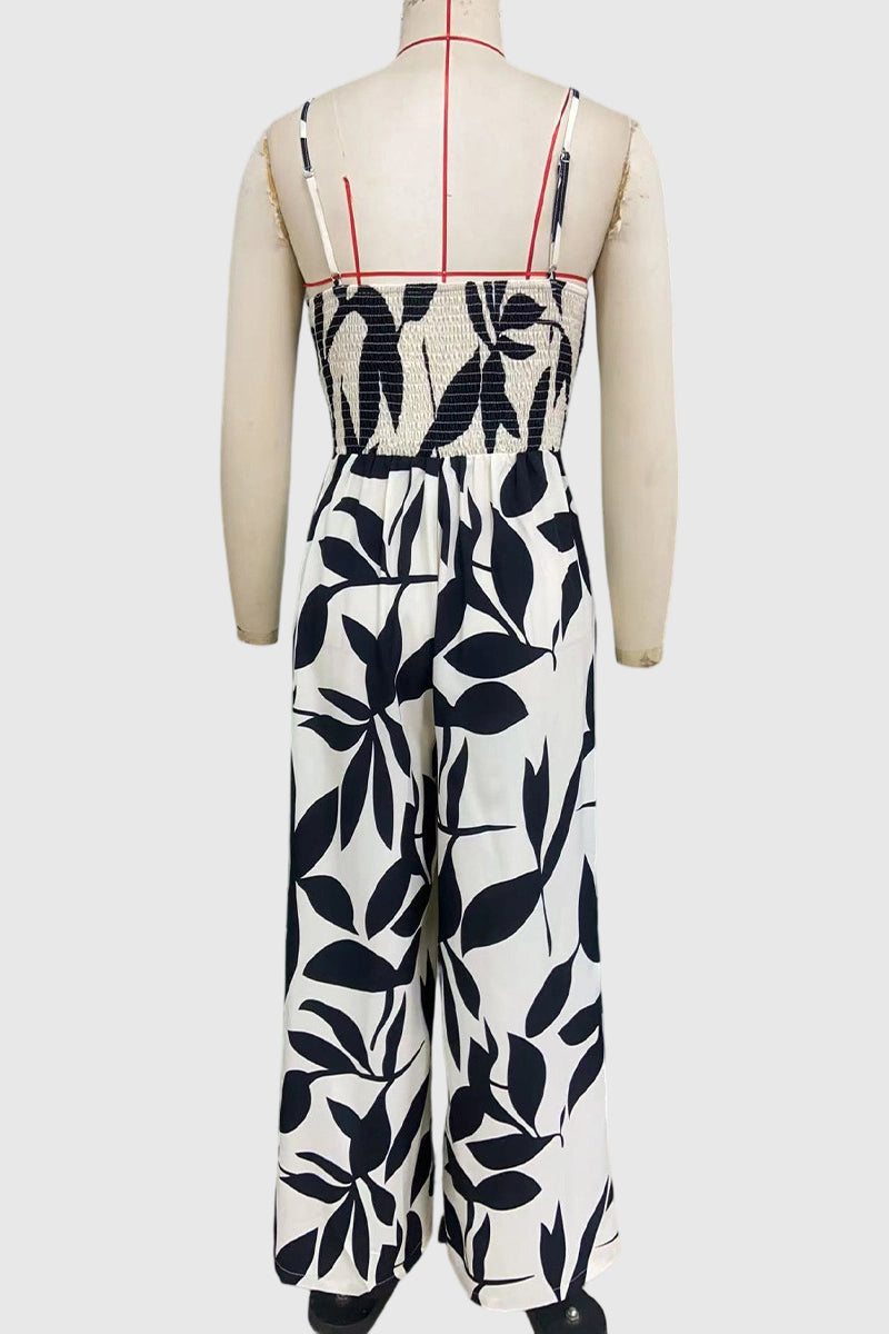 Leaf Print Spaghetti Strap Jumpsuit