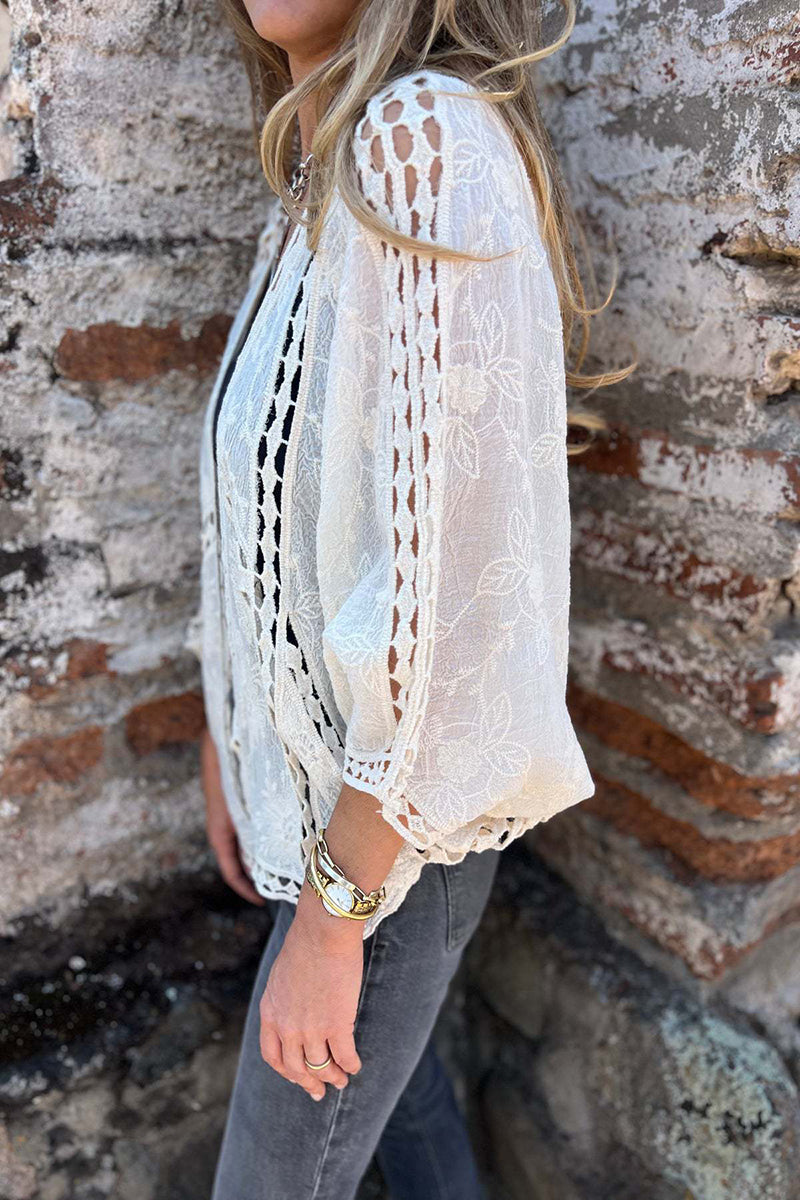 Elegant Openwork Lace Kimono Blouse