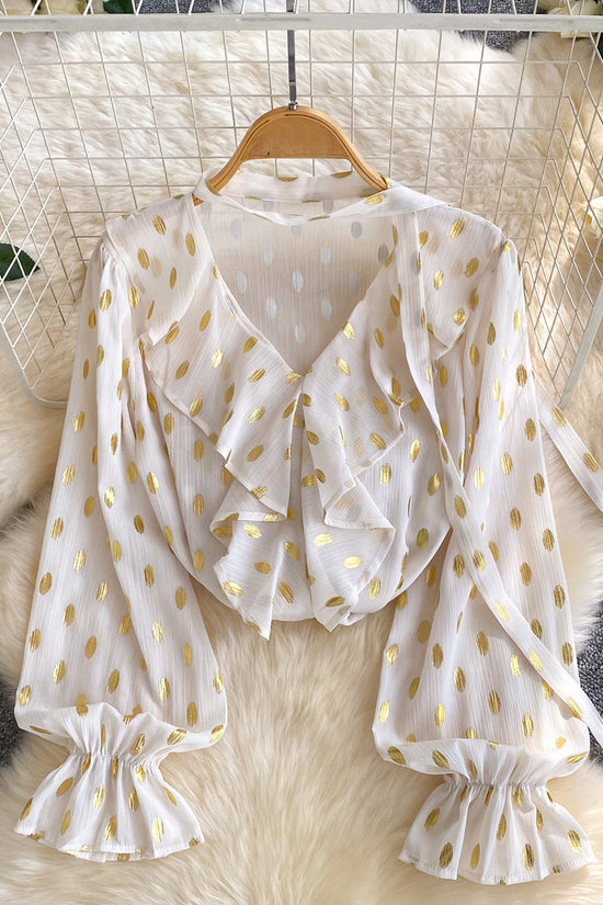 Ruffled Polka Dot V-Neck Blouse