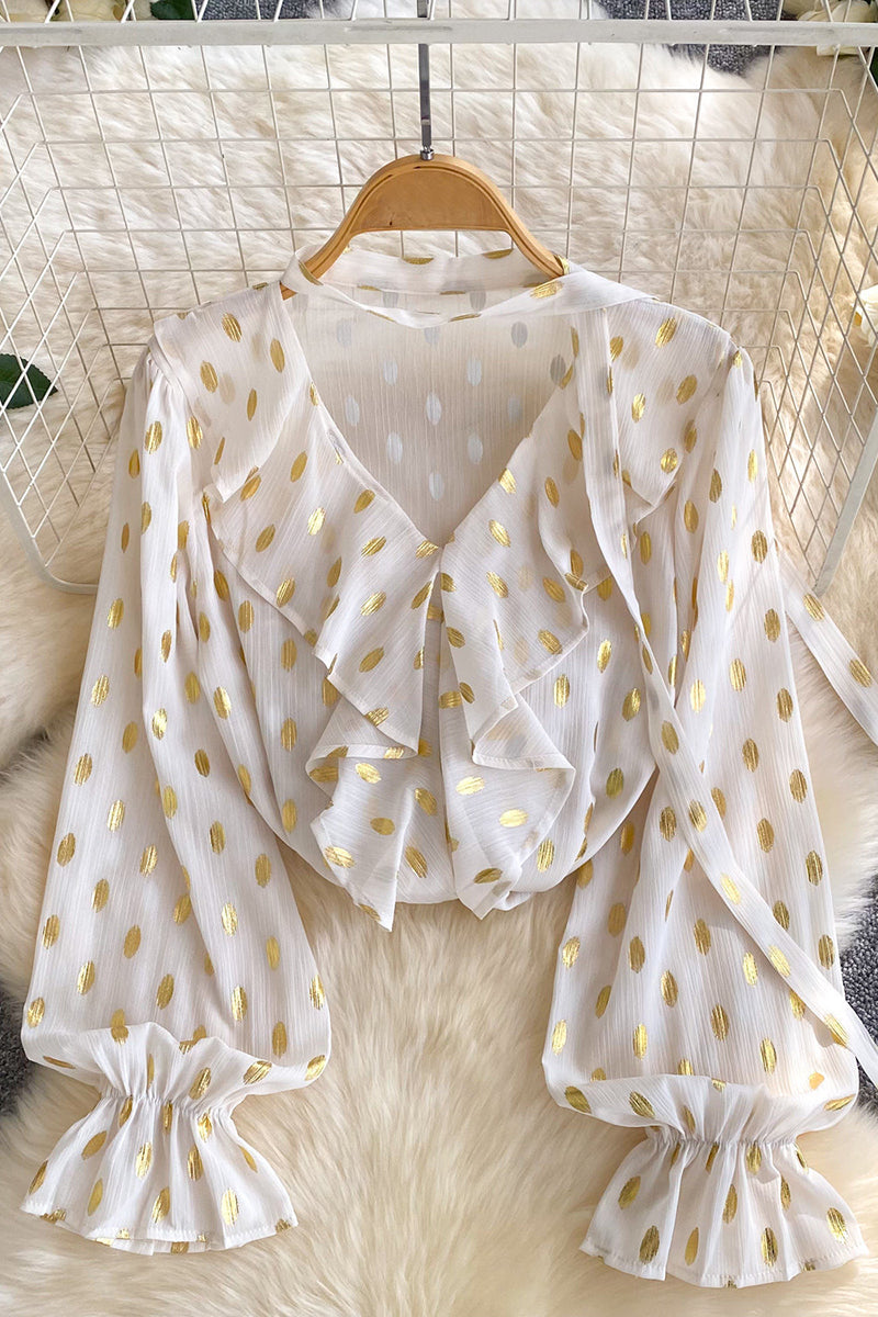Ruffled Polka Dot V-Neck Blouse
