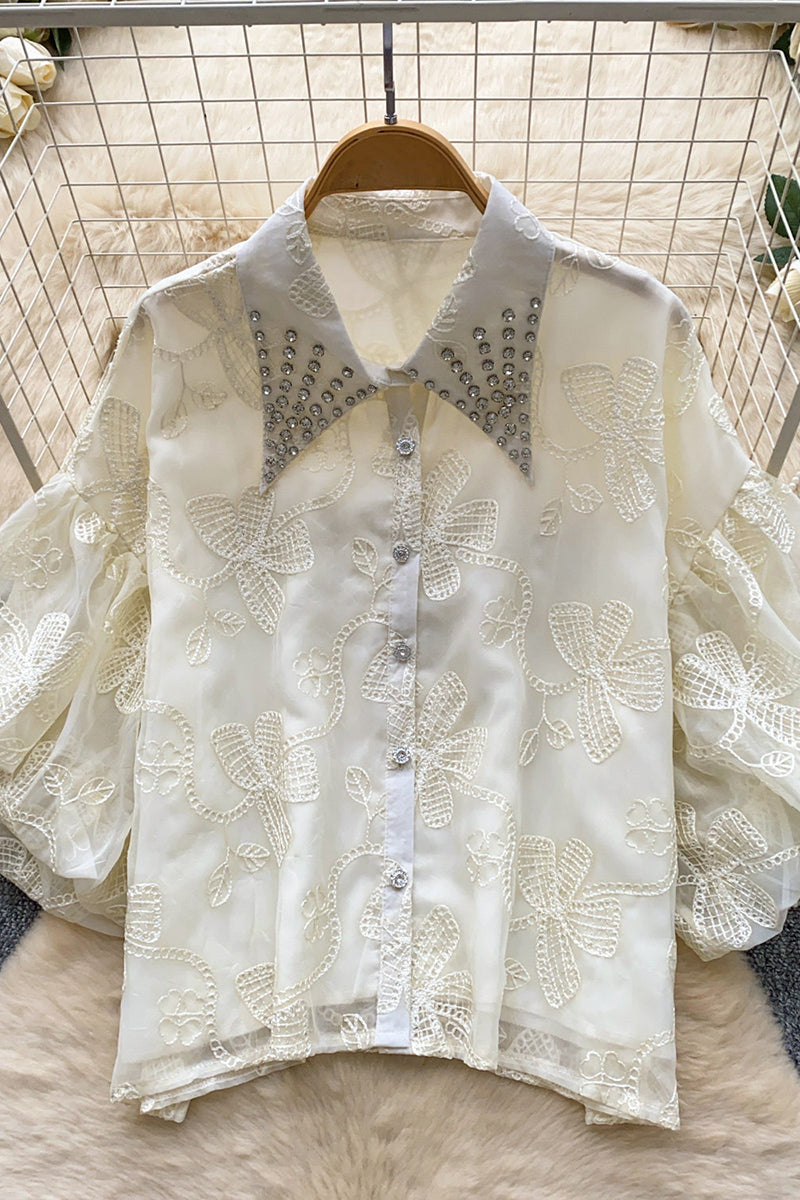 Embellished Collar Puff Sleeve Shirt