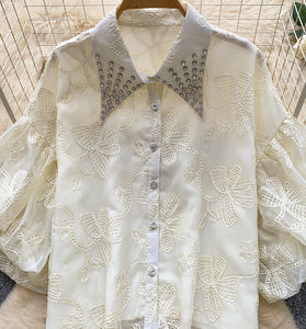 Embellished Collar Puff Sleeve Shirt
