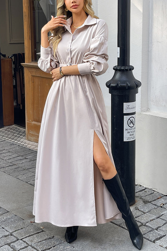 Belted Long Sleeve Slit Midi Dress