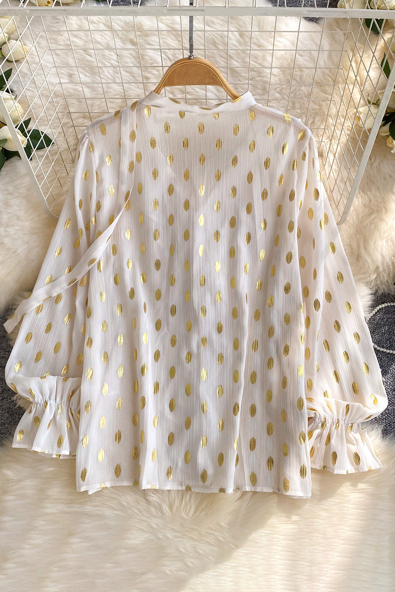 Ruffled Polka Dot V-Neck Blouse