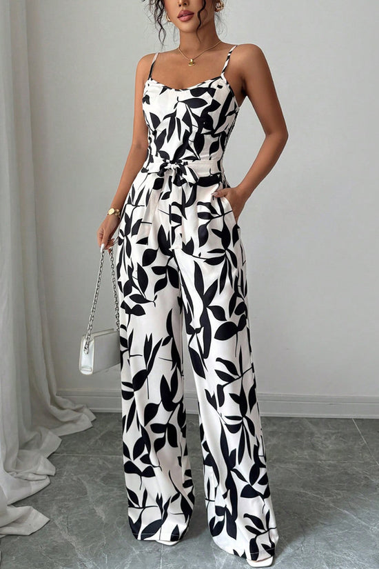 Leaf Print Spaghetti Strap Jumpsuit