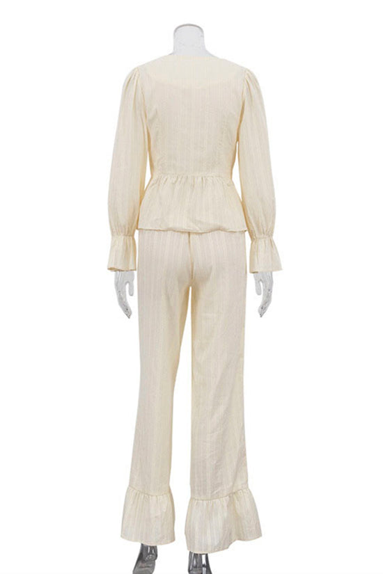 Elegant Ruffle Trim Button Pants Set