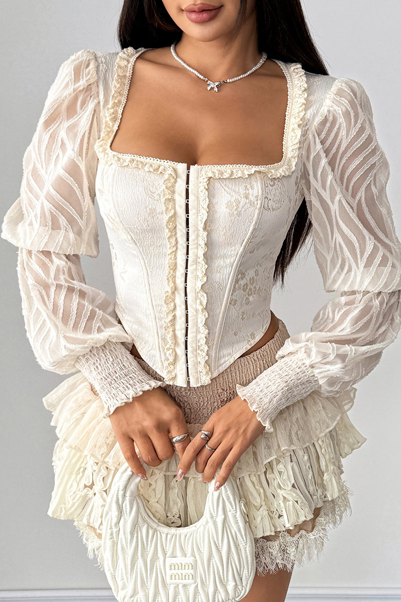 Elegant Lace Ruffled Long Sleeve Blouse