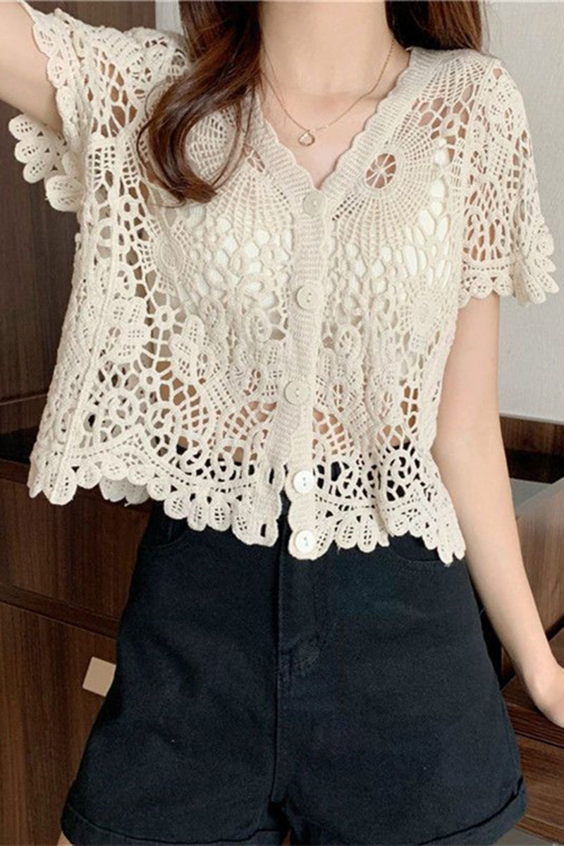 Floral Crochet Button-Up Blouse