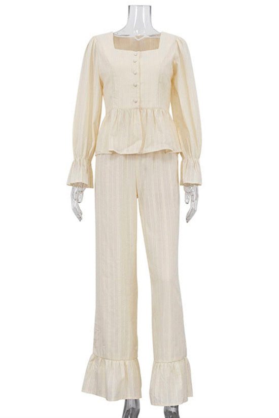 Elegant Ruffle Trim Button Pants Set