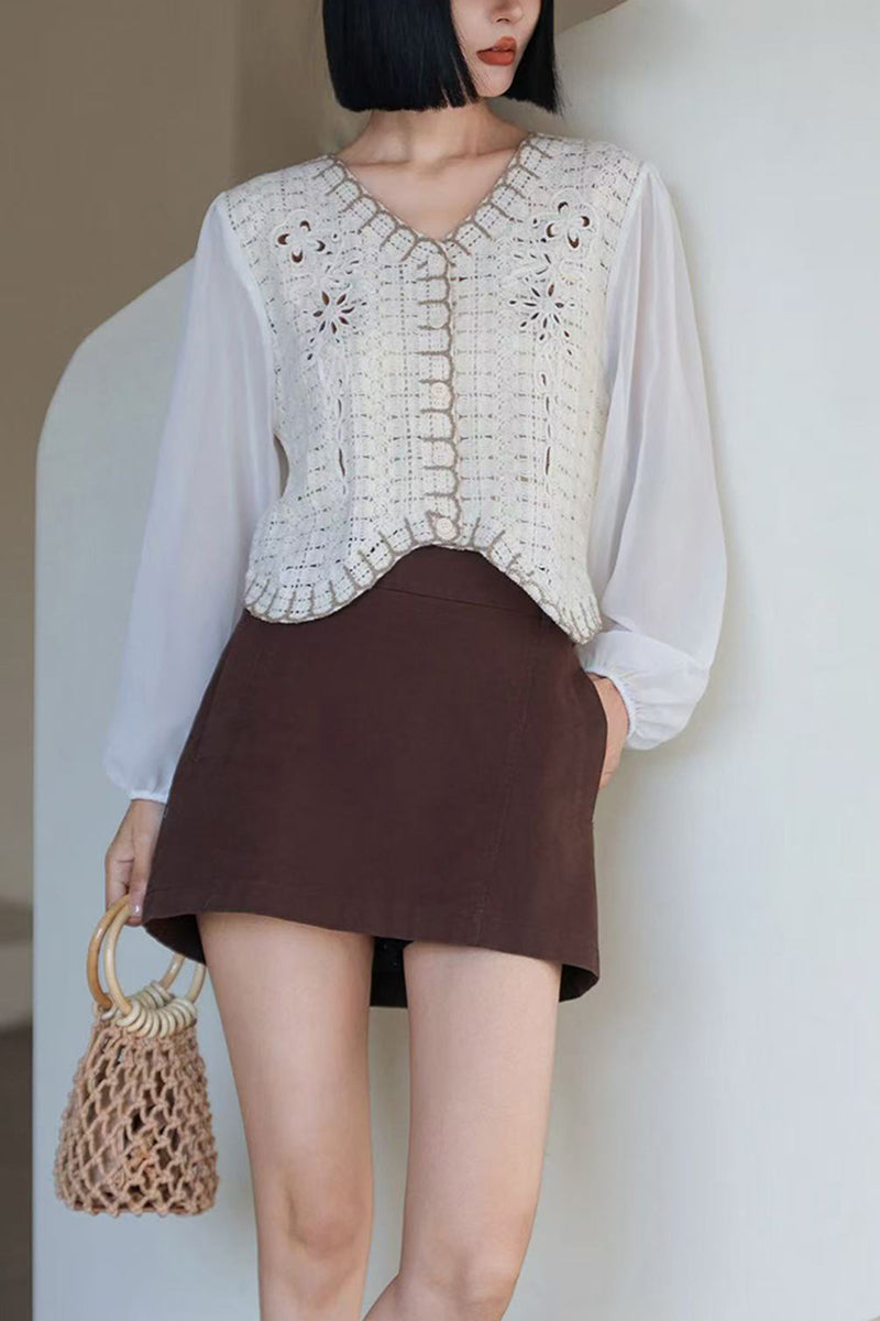 Vintage Sheer Sleeve Patchwork Blouse