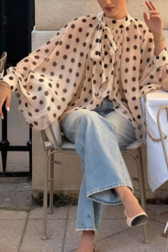 Polka Dot Ruffled Blouse with Flowing Sleeves