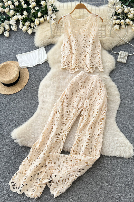Floral Crochet Sleeveless Pants Set