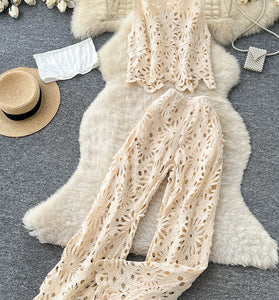 Floral Crochet Sleeveless Pants Set