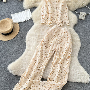 Floral Crochet Sleeveless Pants Set