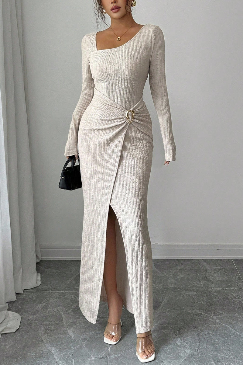 Asymmetric Ruched Long Sleeve Bodycon Dress