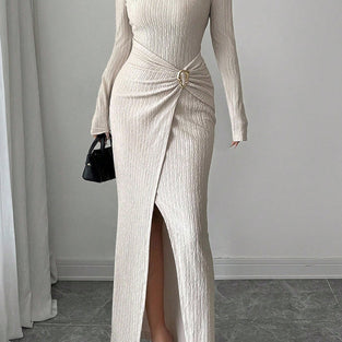 Asymmetric Ruched Long Sleeve Bodycon Dress