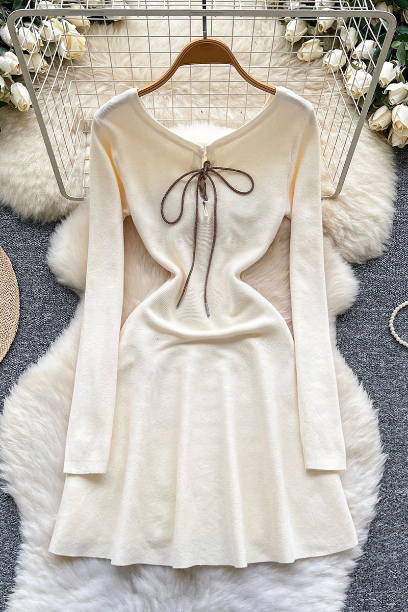 Lace-Up Long Sleeve Casual Dress