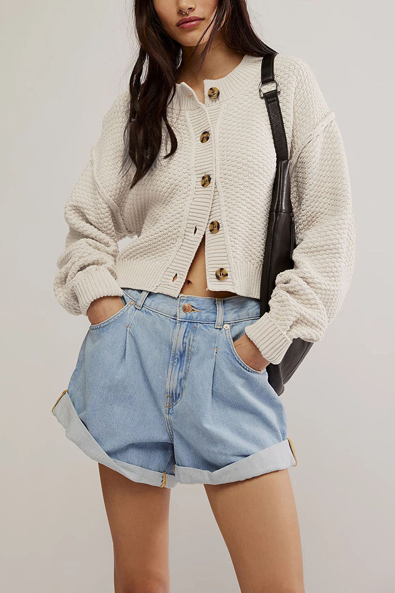 Button-Up Textured Crop Cardigan