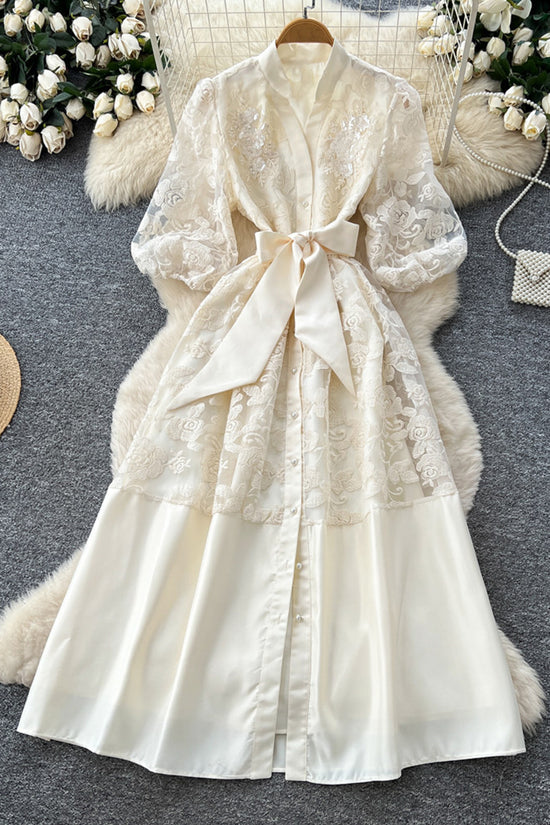Elegant Lace Belted Midi Dress