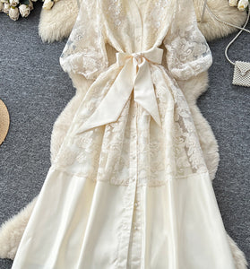 Elegant Lace Belted Midi Dress