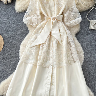 Elegant Lace Belted Midi Dress