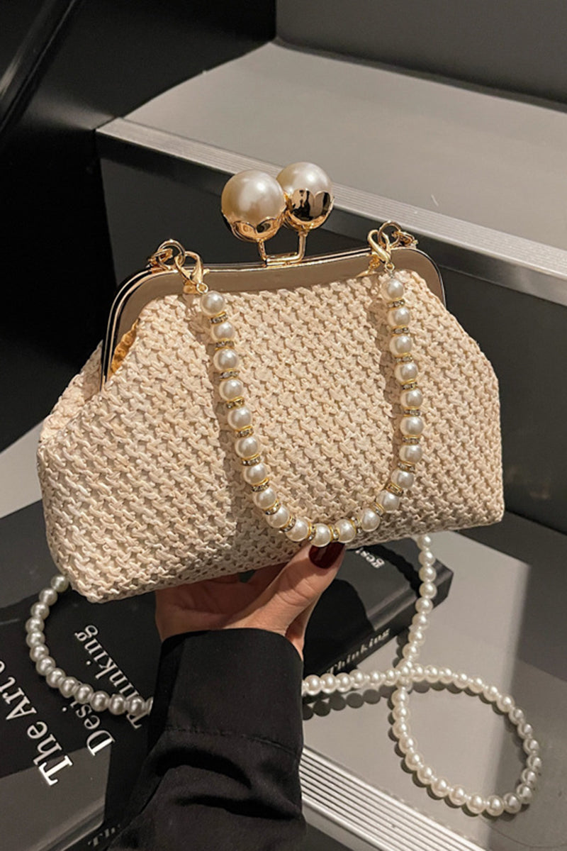 Elegant Pearl Strap Woven Clutch