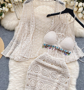Crochet Three Piece Set with Fringe Detail