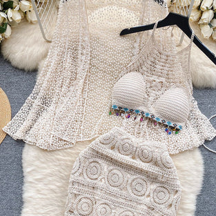 Crochet Three Piece Set with Fringe Detail